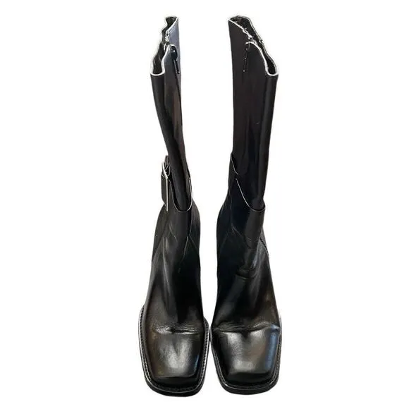 Vtg Y2K Liz Claiborne Womens Harington Boots 8.5M Black Buckle Block Heel Biker