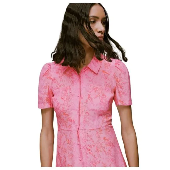 Whistles Pink Robyn Floral Baroque Midi Shirt Dress Size 8
