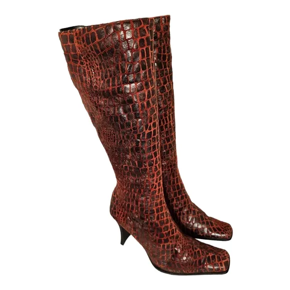 Women's Crocodile Print Knee High Boots By Washoes, Fashion Leather Side Zipper
