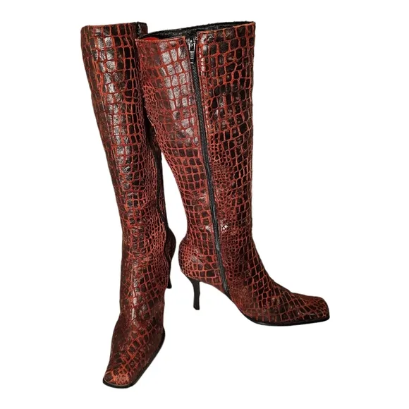 Women's Crocodile Print Knee High Boots By Washoes, Fashion Leather Side Zipper