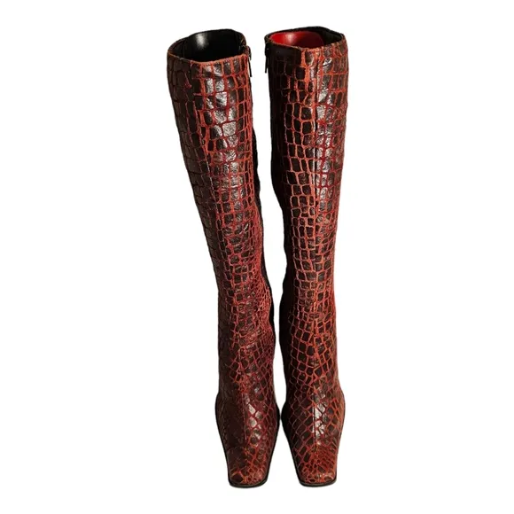 Women's Crocodile Print Knee High Boots By Washoes, Fashion Leather Side Zipper