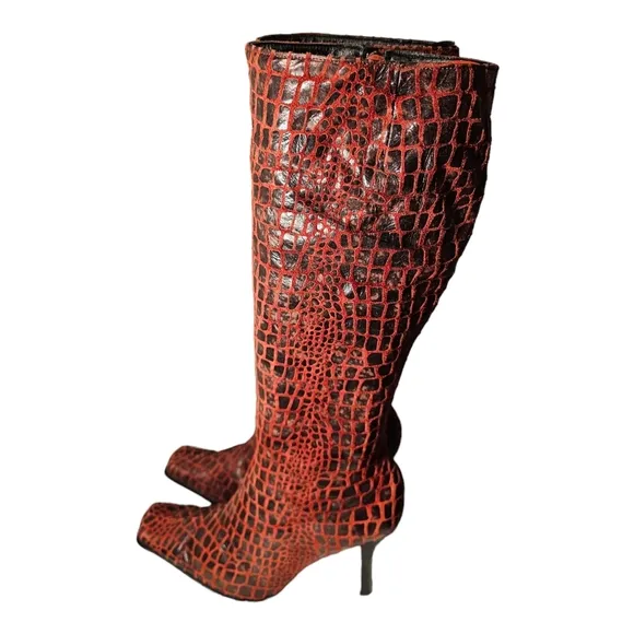 Women's Crocodile Print Knee High Boots By Washoes, Fashion Leather Side Zipper
