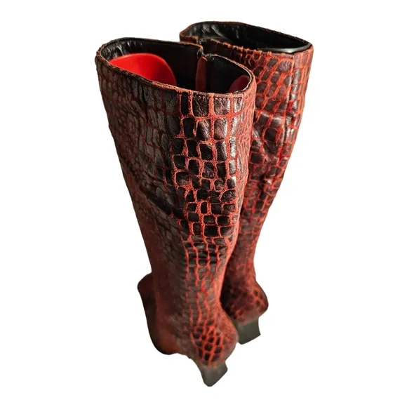 Women's Crocodile Print Knee High Boots By Washoes, Fashion Leather Side Zipper