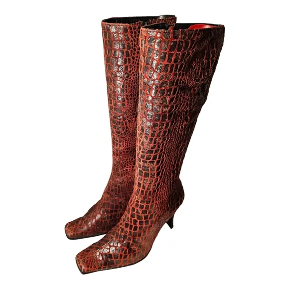 Women's Crocodile Print Knee High Boots By Washoes, Fashion Leather Side Zipper