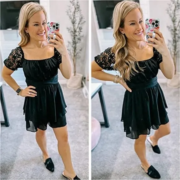 Women's Lace Short Sleeve Dress, Black