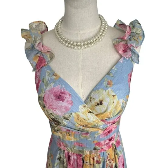 Women's Polyester Maxi Ruffled Shoulder Floral Dress in  Blue &amp; Pink. SZ:4/P