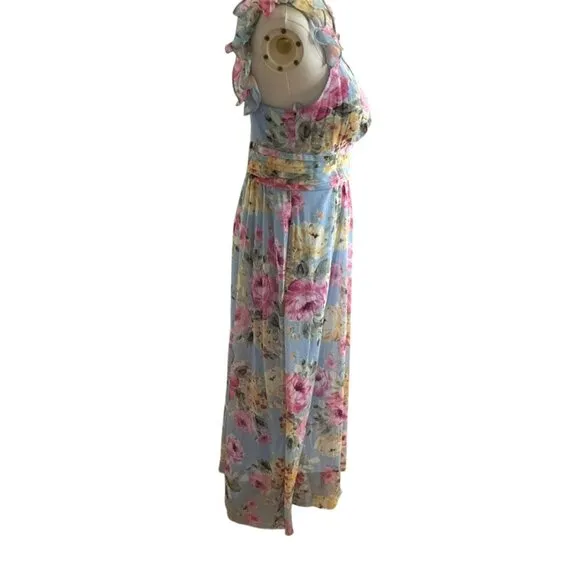 Women's Polyester Maxi Ruffled Shoulder Floral Dress in  Blue &amp; Pink. SZ:4/P
