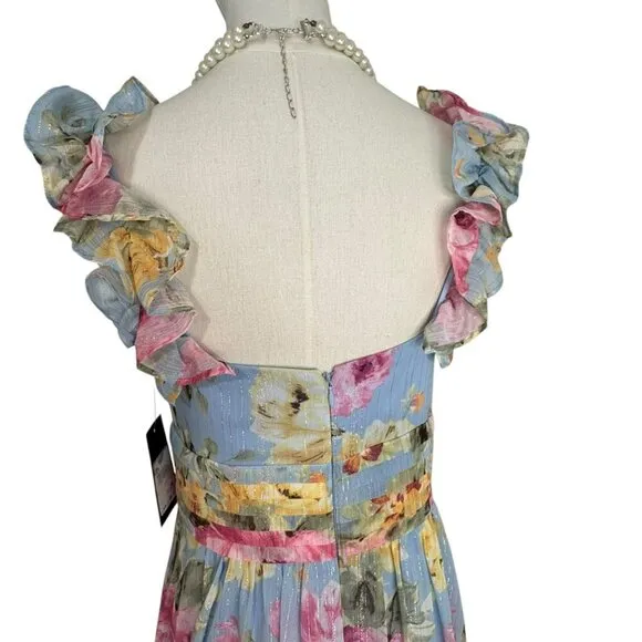 Women's Polyester Maxi Ruffled Shoulder Floral Dress in  Blue &amp; Pink. SZ:4/P