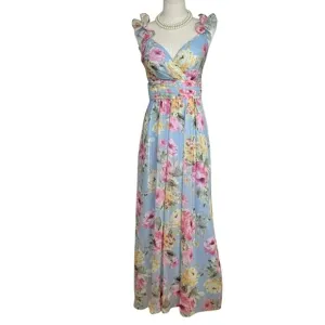 Women's Polyester Maxi Ruffled Shoulder Floral Dress in  Blue &amp; Pink. SZ:4/P