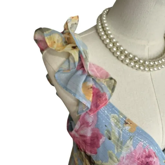 Women's Polyester Maxi Ruffled Shoulder Floral Dress in  Blue &amp; Pink. SZ:4/P
