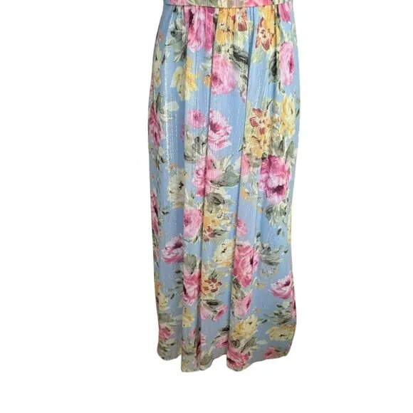 Women's Polyester Maxi Ruffled Shoulder Floral Dress in  Blue &amp; Pink. SZ:4/P