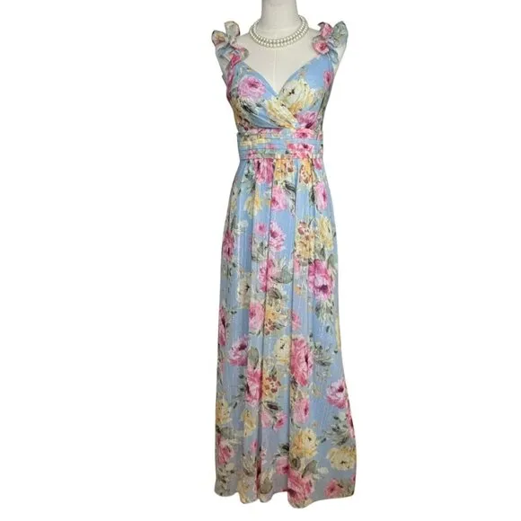 Women's Polyester Maxi Ruffled Shoulder Floral Dress in  Blue &amp; Pink. SZ:4/P