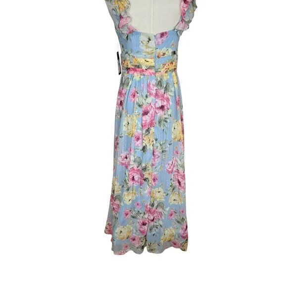 Women's Polyester Maxi Ruffled Shoulder Floral Dress in  Blue &amp; Pink. SZ:4/P