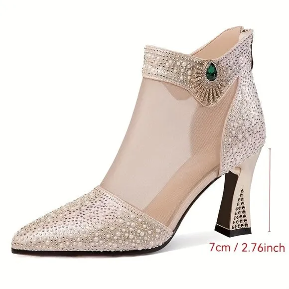 Women's Rhinestone Decor High Heel Boots, Fashion Pointed Toe Short Boots