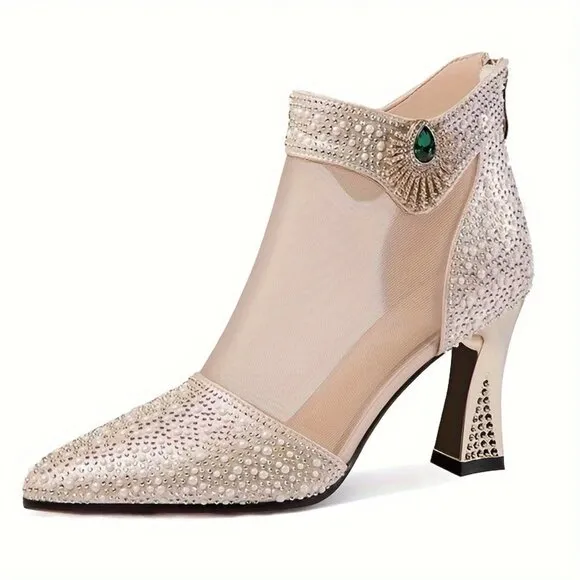 Women's Rhinestone Decor High Heel Boots, Fashion Pointed Toe Short Boots