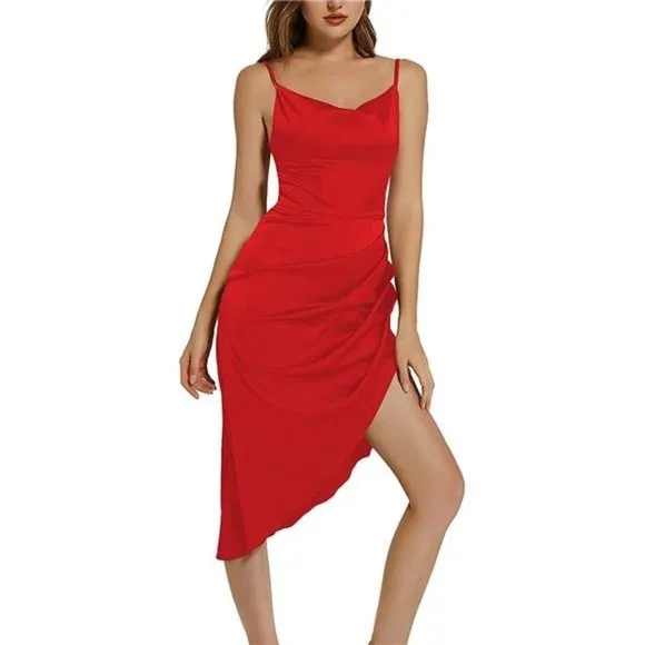 Women's Satin Wrap Ruched Dress, True Red