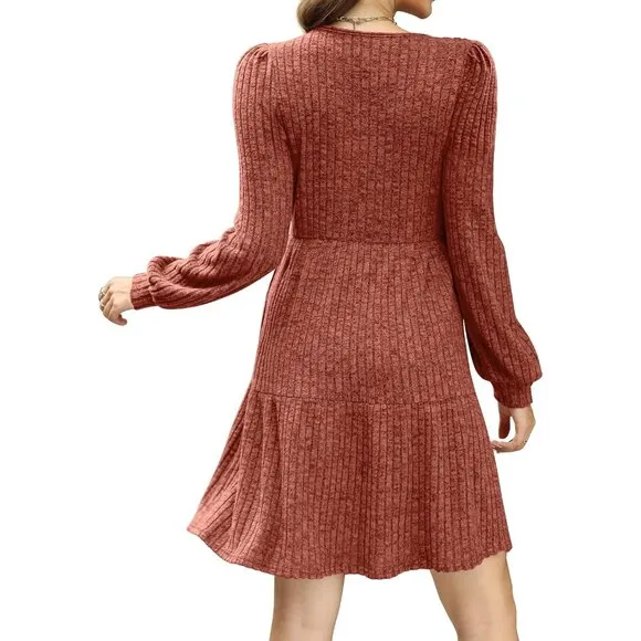 Women's Square Neck Long Sleeve Fall Dresses Casual Baby Doll Sweater Dress