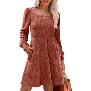 Women's Square Neck Long Sleeve Fall Dresses Casual Baby Doll Sweater Dress