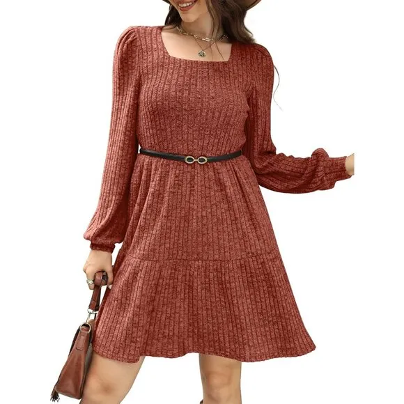 Women's Square Neck Long Sleeve Fall Dresses Casual Baby Doll Sweater Dress