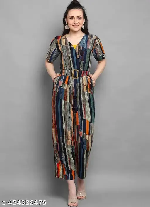 Womens Striped Rayon Foil Printed Round Neck Jumpsuit Multicolor