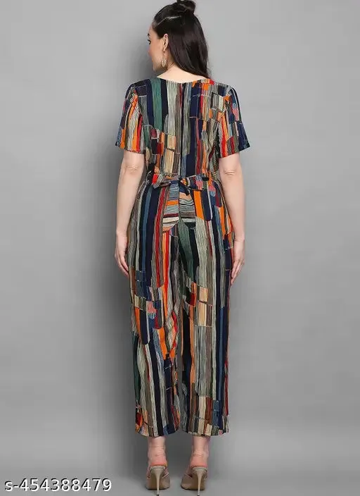 Womens Striped Rayon Foil Printed Round Neck Jumpsuit Multicolor