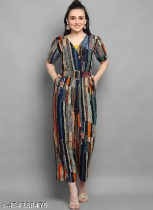 Womens Striped Rayon Foil Printed Round Neck Jumpsuit Multicolor