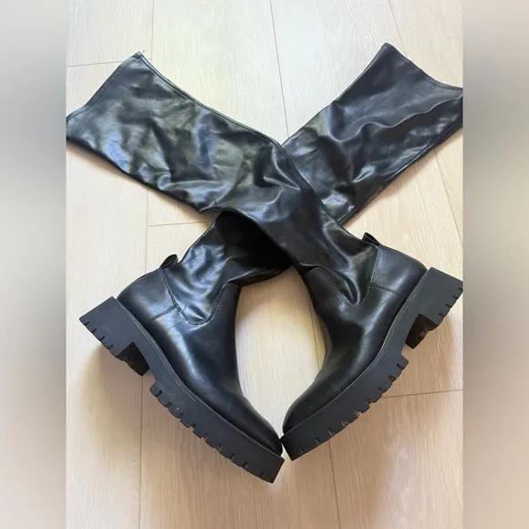 [Zara] Black Faux Leather Knee High Combat Boots