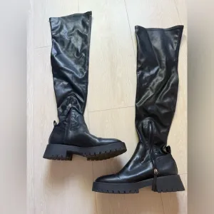 [Zara] Black Faux Leather Knee High Combat Boots
