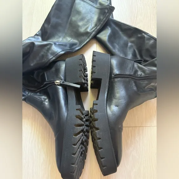 [Zara] Black Faux Leather Knee High Combat Boots