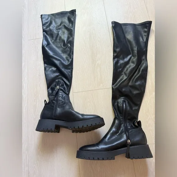 [Zara] Black Faux Leather Knee High Combat Boots