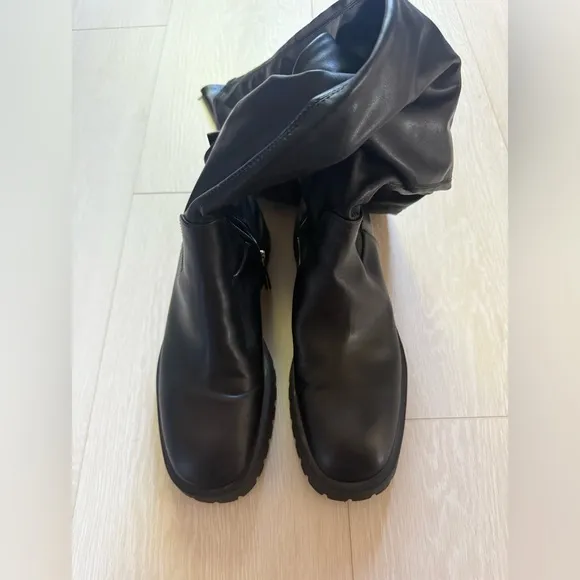 [Zara] Black Faux Leather Knee High Combat Boots