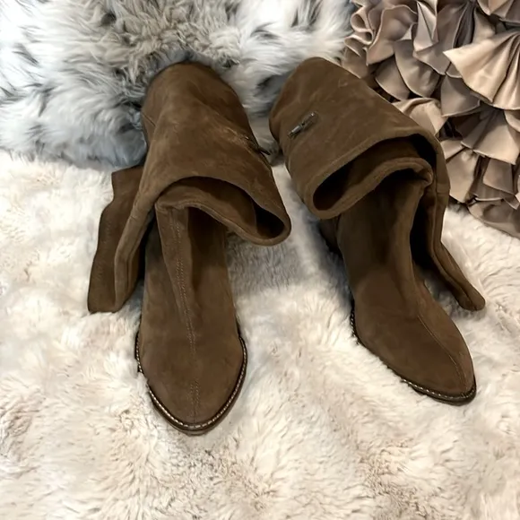 Zara Brown Suede Knee-high Pointy Heeled Boots Sz 39