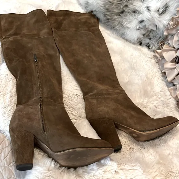 Zara Brown Suede Knee-high Pointy Heeled Boots Sz 39
