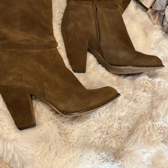 Zara Brown Suede Knee-high Pointy Heeled Boots Sz 39