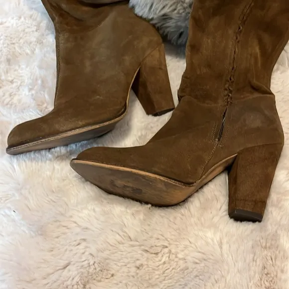 Zara Brown Suede Knee-high Pointy Heeled Boots Sz 39