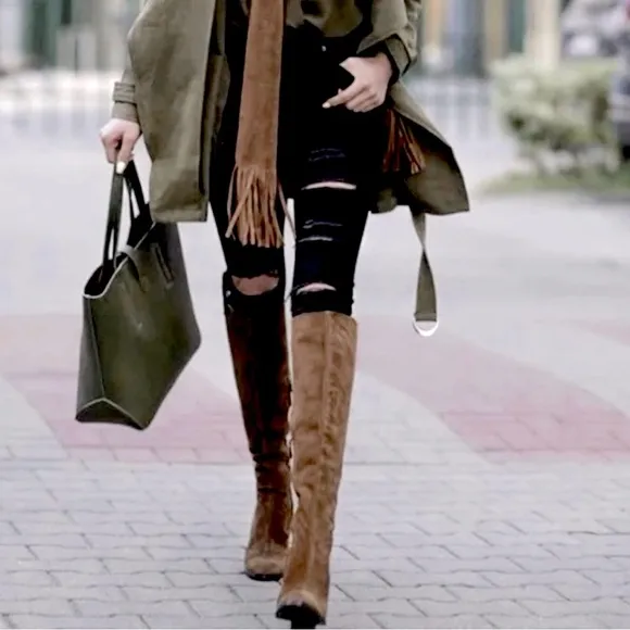 Zara Brown Suede Knee-high Pointy Heeled Boots Sz 39