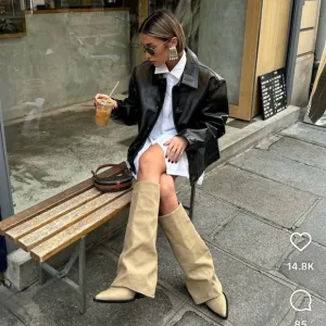 Zara cowboy boots heels knee high Gaiter Stylish Tan Women's Boots