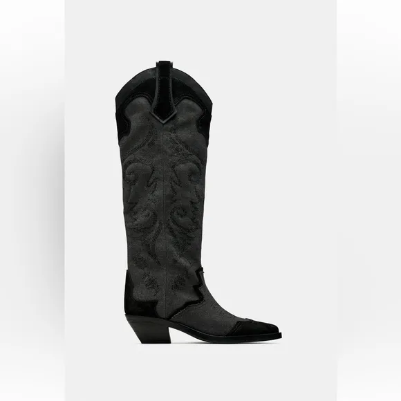 ZARA EMBROIDERED HEELED COWBOY BOOTS Color: Black * Size: 7.5 ( 38 )