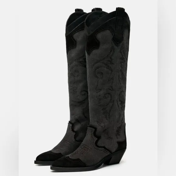 ZARA EMBROIDERED HEELED COWBOY BOOTS Color: Black * Size: 7.5 ( 38 )