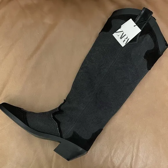 ZARA EMBROIDERED HEELED COWBOY BOOTS Color: Black * Size: 7.5 ( 38 )