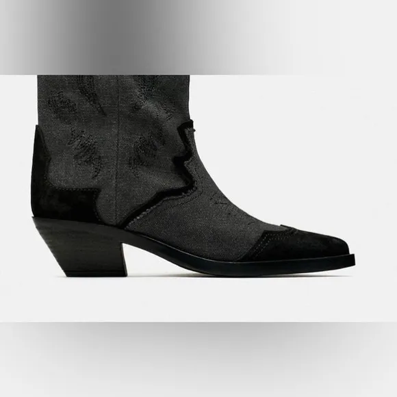 ZARA EMBROIDERED HEELED COWBOY BOOTS Color: Black * Size: 7.5 ( 38 )
