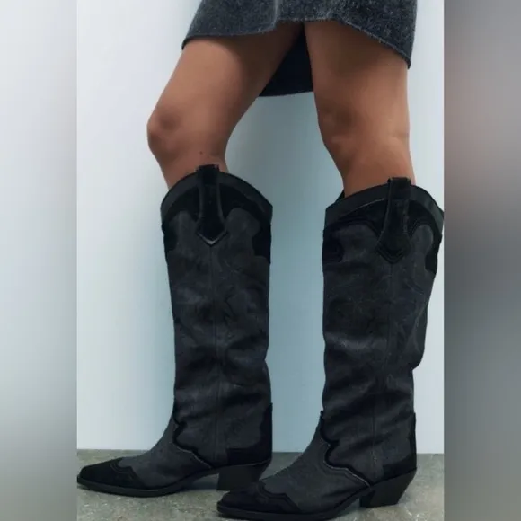 ZARA EMBROIDERED HEELED COWBOY BOOTS Color: Black * Size: 7.5 ( 38 )
