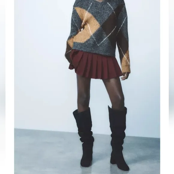 Zara Heeled Leather Suede Knee High Boots Fleece Lining Sz 9/40