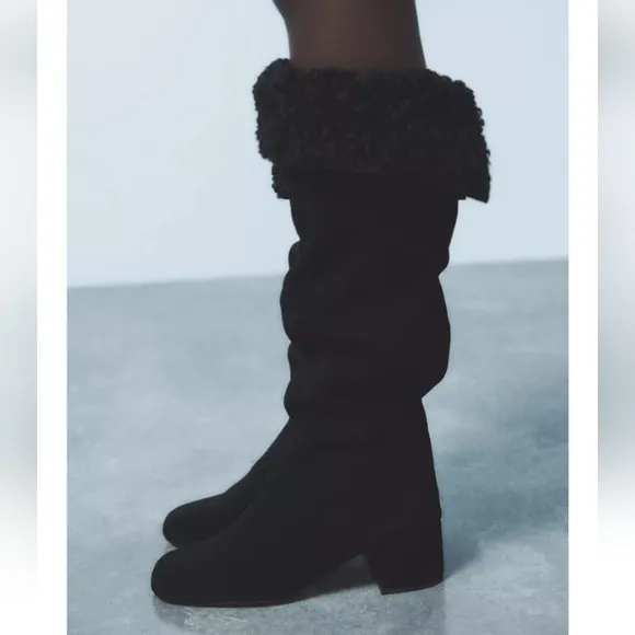 Zara Heeled Leather Suede Knee High Boots Fleece Lining Sz 9/40
