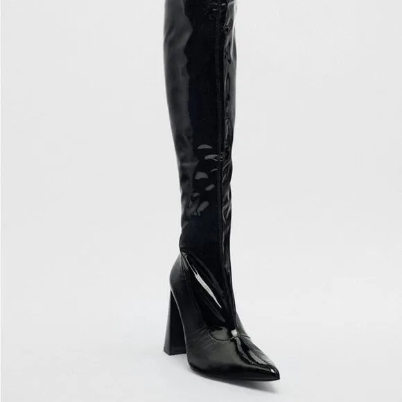 ZARA HIGH HEEL OVER THE KNEE BOOTS BLACK