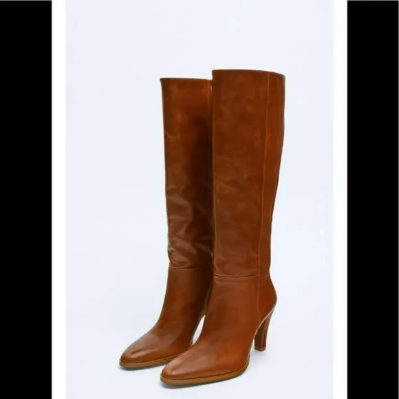 ZARA Knee High Mid Height Heeled Leather Boots