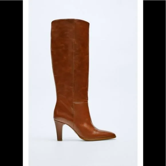 ZARA Knee High Mid Height Heeled Leather Boots