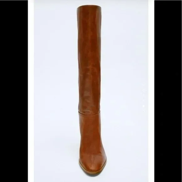 ZARA Knee High Mid Height Heeled Leather Boots