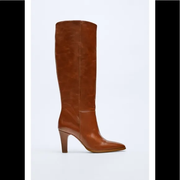ZARA Knee High Mid Height Heeled Leather Boots