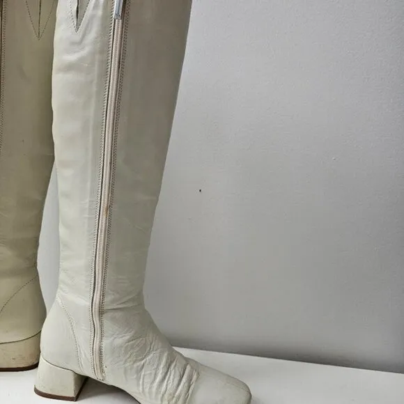 Zara Leather Knee High Boots 37 Slim Bone